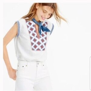 J. Crew White Top with Blue and Red Embroidery